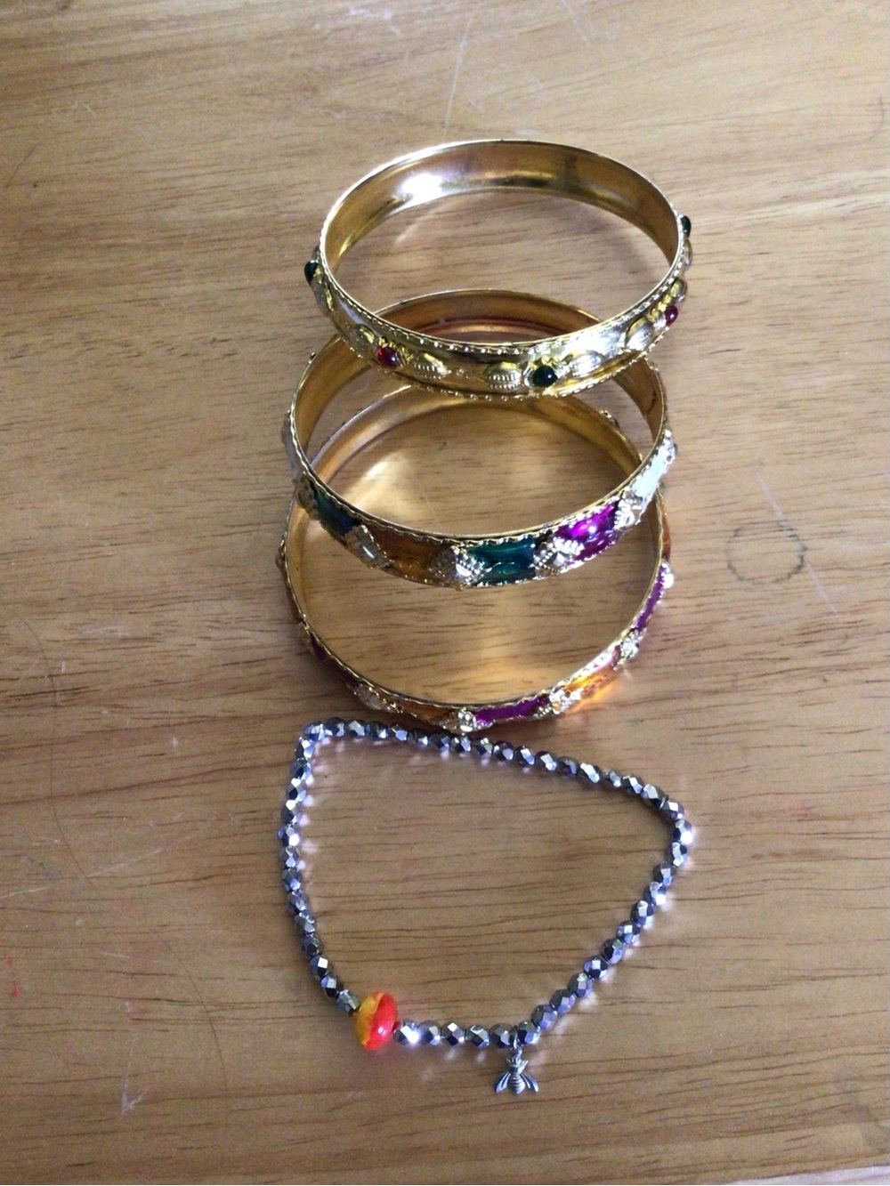 Gold Tone Multicolor Enamel Bangles and Silver Bead Bracelet Set